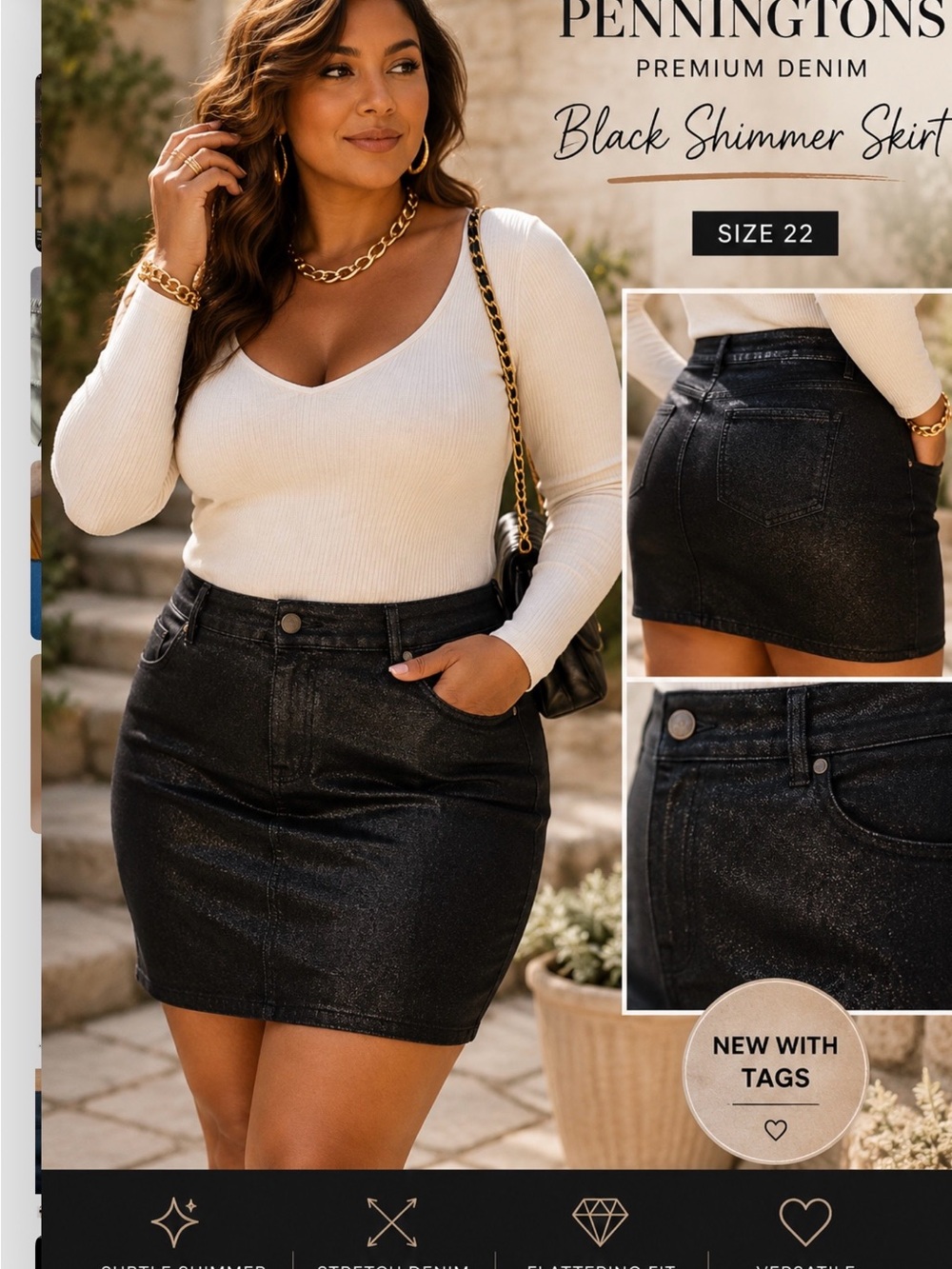 NWT Addition Elle Plus Black Shimmer Stretch Denim Mini Skirt Size 22